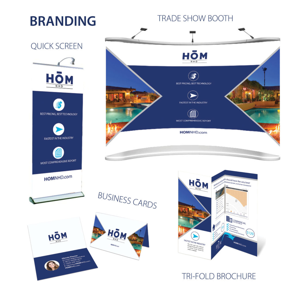 Sample of branding for HOM National Hazard and Disclosure company, includes design of a quickscreen, pop-up trade show booth, tri-fold brochure and folded business cards.