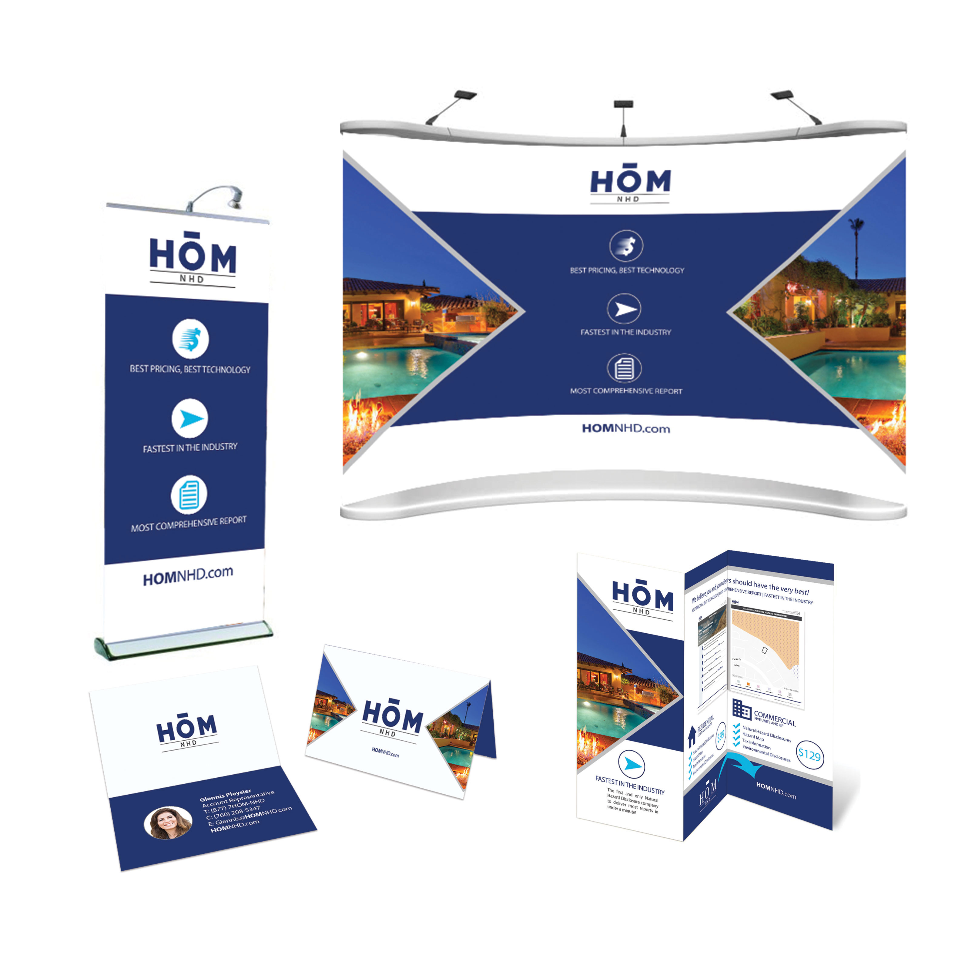 Branding elements created for HOM NHD which include creative design examples of a quick screen design, pop-up display design, tri-fold brochure design and folded business card design. Elements show a uniform brand throughout all collateral pieces.
