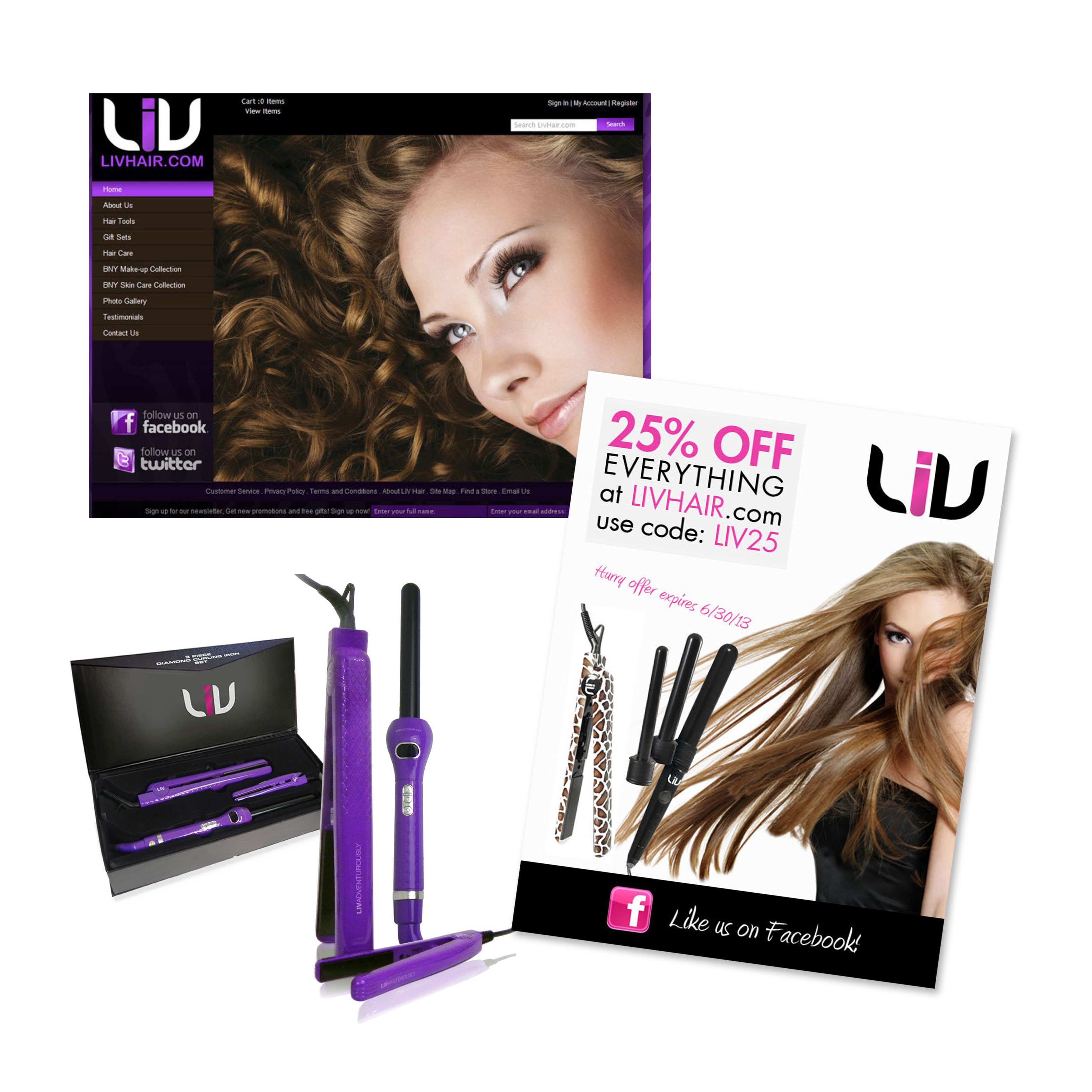 Brand and product design for Liv Hair. Picture shows website design example, email design example, product design and product packaging design.