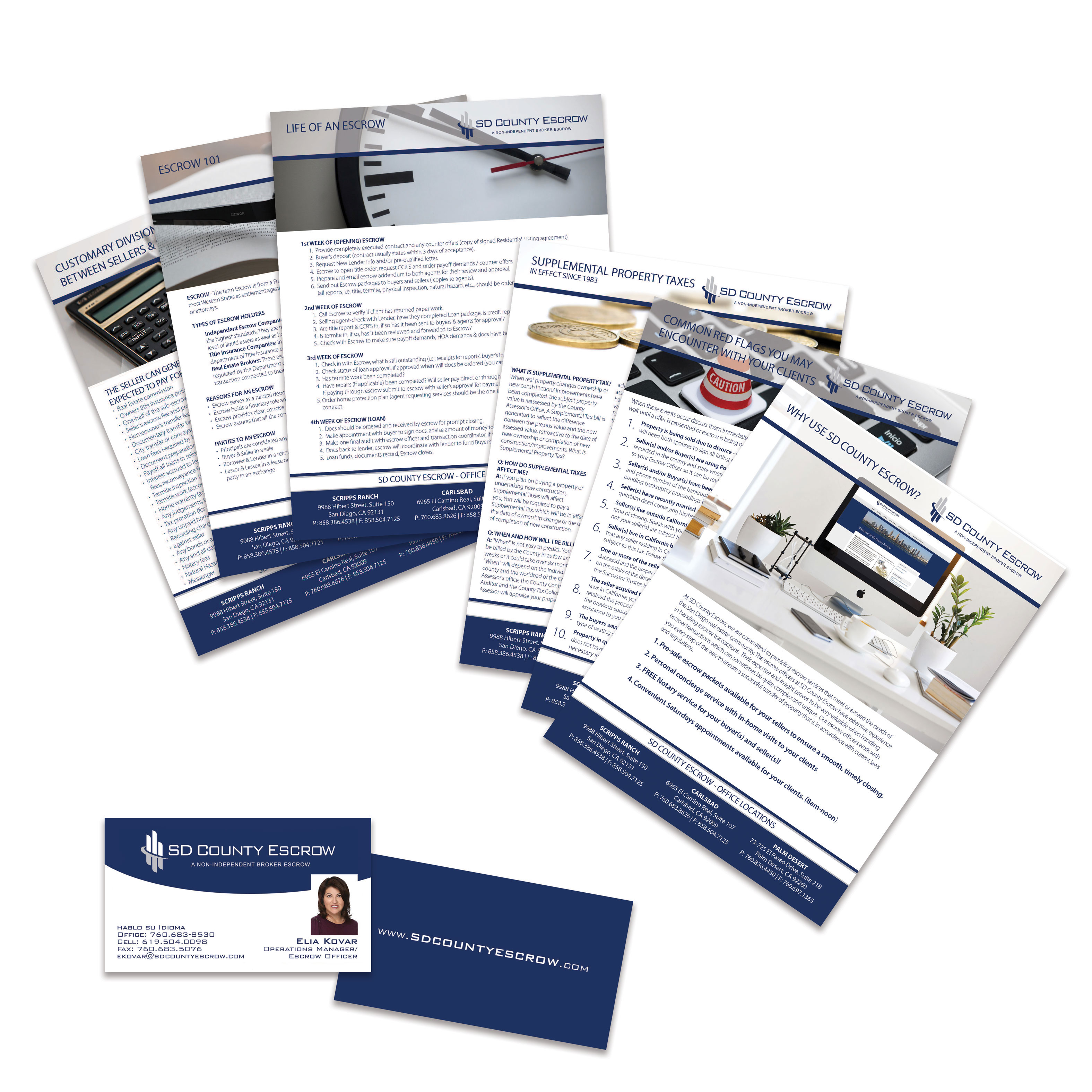 Showing examples of handout designs and business card design that has a uniform branding effect.