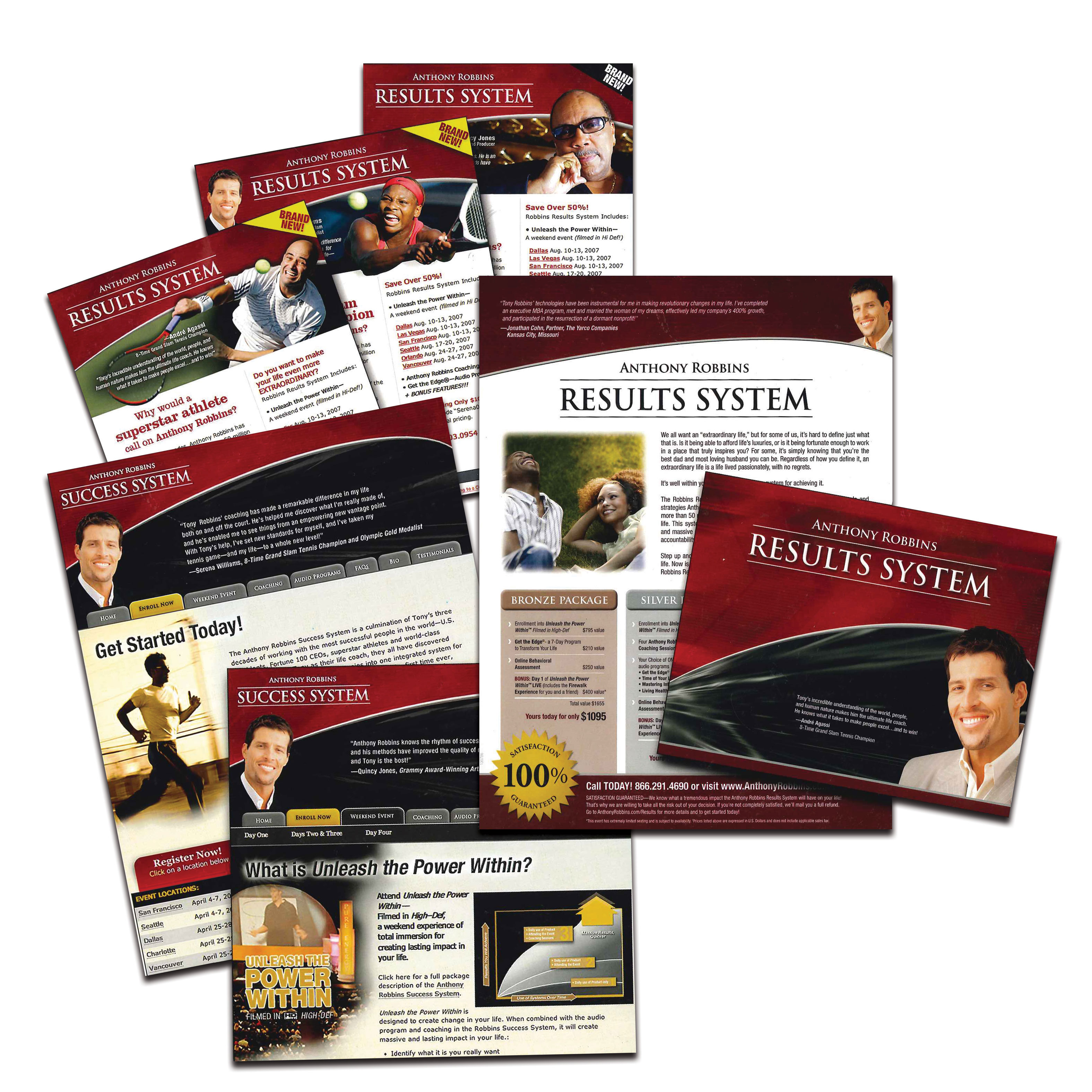 Pictures of different elements created for the Anthony Robbins Results System. I tems include 3 email marketing designs, website design, flyer design and brochure design.