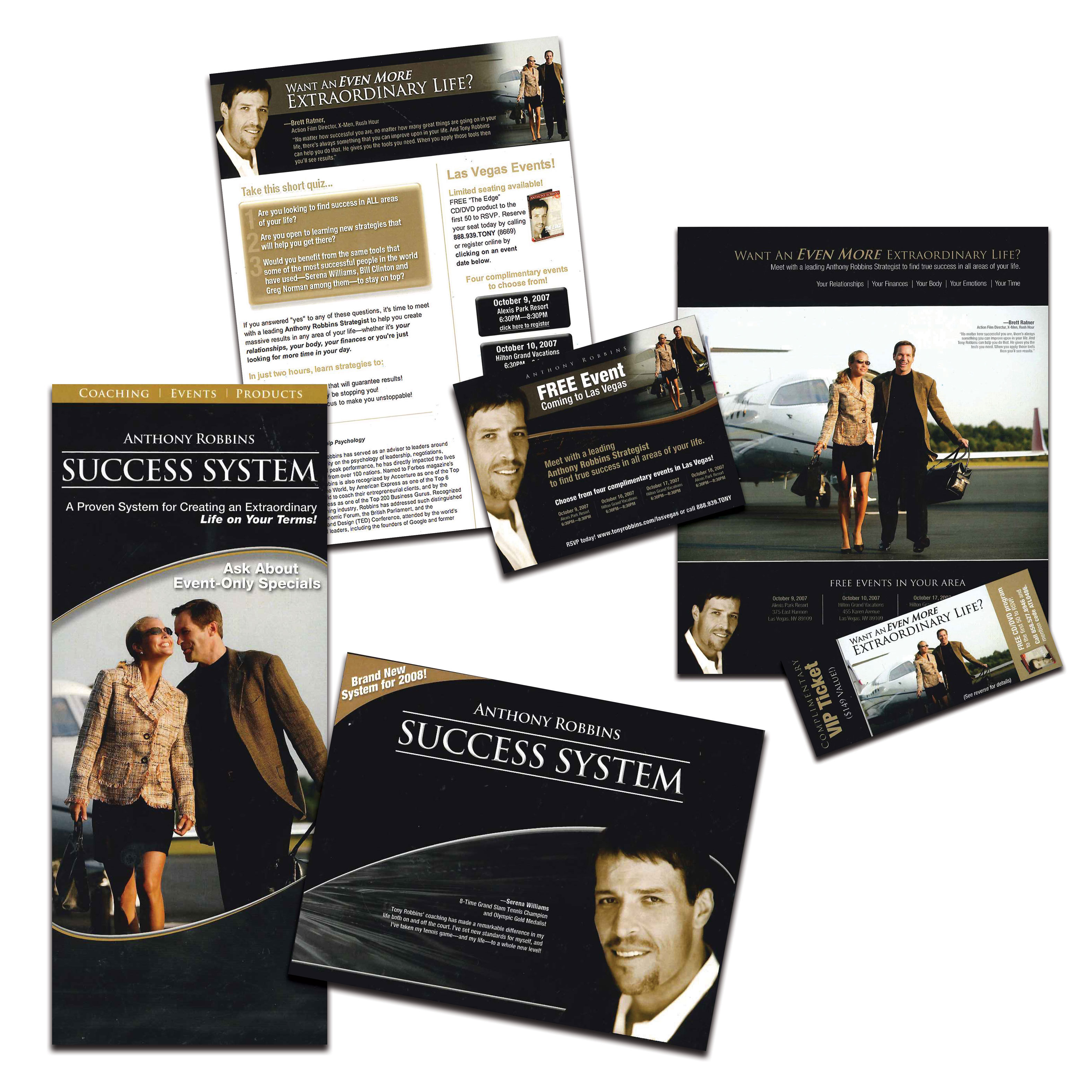 Picture showing various streamlined branding for Anthony Robbins Success System. Branding elements include flyer design, post card design, advertising layout design, event ticket design, quick screen/ pull up design and brochure design.