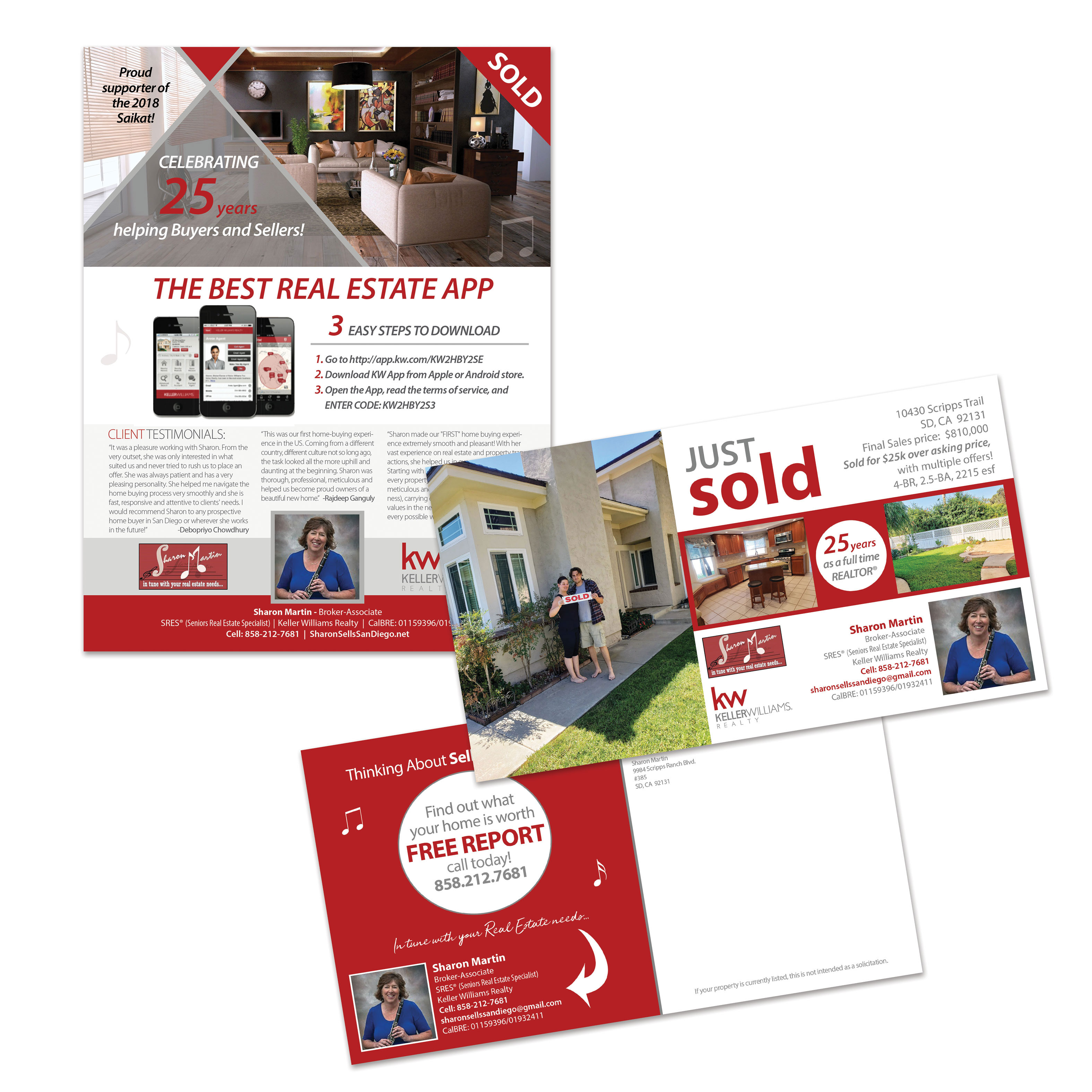 Ad design and layout and post card design for real estate agent Sharon Martin.