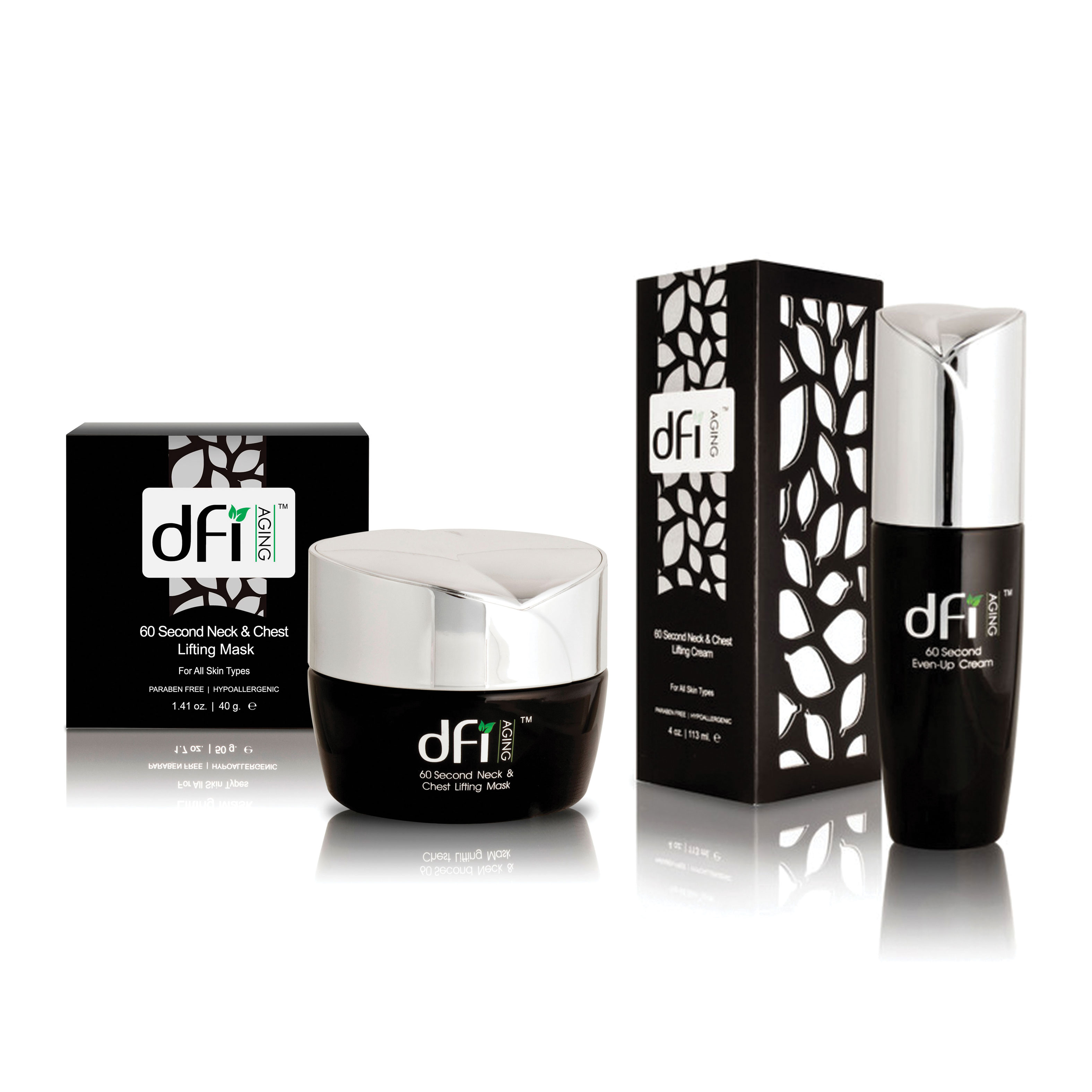 Product Branding and Packaging Design for dfi Aging Skincare's 60 Second Lifting Mask and Even Up Cream.