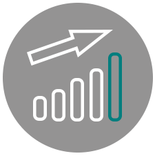 Icon with five bar graph lines in ascending order with an arrow pointing diagonally up.